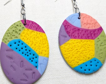 Large Oval 80s Inspires Color Block Polymer Clay Dangle Earrings