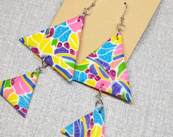 Art Teacher Core Neon Pastel Triangle Dangle Clowncore Bright Textured Earring with Silver Hardware