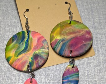 Art Teacher Big Round Dangle Marble Swirl Rainbow Drop Earrings with Silver Hardware