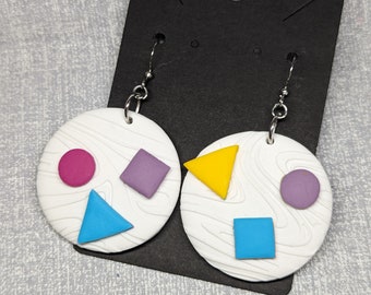 Art Teacher Core Round White Wood Grain Geometric Earrings with Colorful Shapes