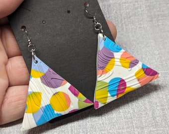 Art Teacher Triangle Dangle Color Blob Swirl Wild Pattern Earrings with Silver Hardware
