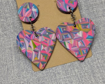 Valentines Day Big Pink Hearts Dangle Earrings in a Wild Pattern