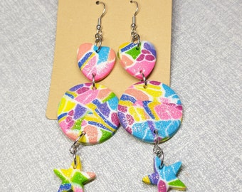 Art Teacher Core Dangle Neon Pastel Tropical Inspired Heart Circle Star Coated in Glitter Clowncore Earrings