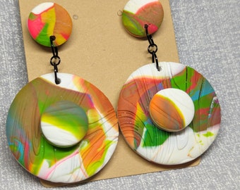 Art Teacher Core Earrings Tie Dye Style 80s Button Round Dangle in Green Orange Swirl with Black Hardware