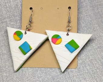 Art Teacher Earrings 80s Inspired Triangle Pop Art Style White Shapes Dangle Geometry Wood Grain