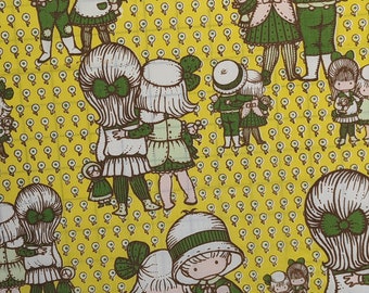 Vintage Joan Walsh Anglund character illustration fabric in green and yellow retro children juvenile