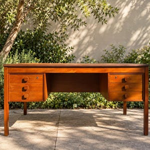 May include: A rectangular wooden desk with a warm brown finish, featuring a flat top surface and two pedestals. Each pedestal contains three stacked drawers, each equipped with a small square wooden knob and a metal keyhole escutcheon.