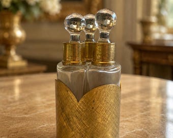 Antique Glass Perfume Bottle Set in Brass Holder