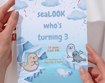 Editable SeaLook Invite for Kid's Birthday Party, Digital Download, Customizable Seal Invitation Template