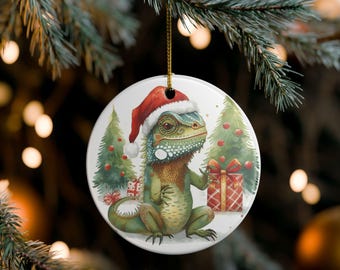 Festive Iguana Ceramic Christmas Ornament with Gold String