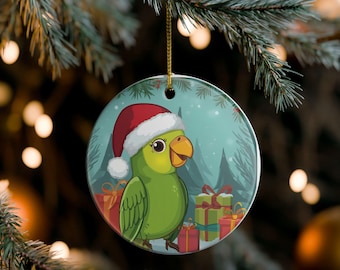 Christmas Parakeet Ornament: Ceramic Holiday Decor with Santa Hat