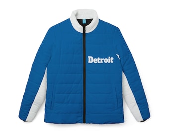 Blue and white Women's puffer jacket, Women's coat, cute jacket, vintage Detroit Football Themed jacket, gift for football fan, gift