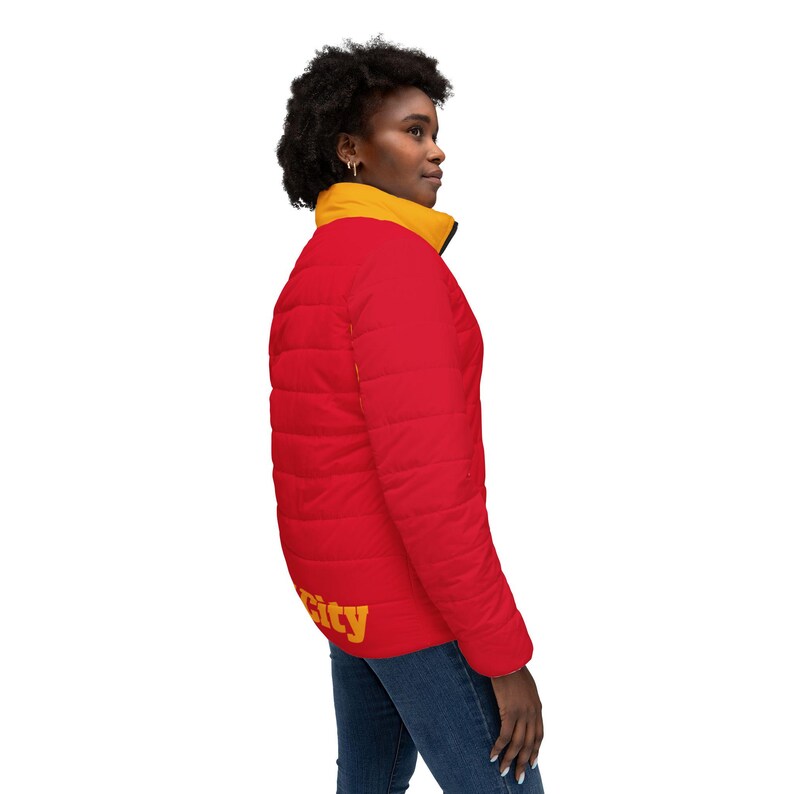 Red and yellow Women's puffer jacket, Women's coat, Women's jacket, vintage Kansas City jacket, gift for Kansas City fan, gift image 6