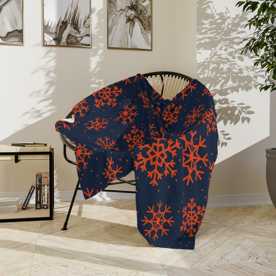 Blue and Orange Snowflake Pattern Velveteen Blanket | Navy Winter ...