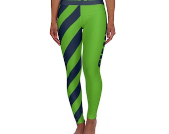 Leginsy w stylu futbolu amerykańskiego Seattle, spodnie do jogi w paski z wysokim stanem, niebieskie i zielone legginsy, prezent na mecz, dla kibica futbolu, legginsy piłkarskie