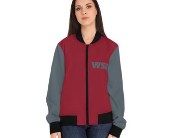 Crimson and Grey Women's Bomber Jacket, WSU themed jacket, Sports jacket, school spirit, cougars fan coat, alumni jacket, gift