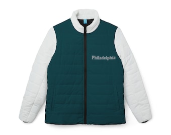 Green and White Women's Puffer Jacket, Philadelphia Football Themed Jacket, Women's Coat, Cute Puffer Jacket, Football Fan Coat, Gift
