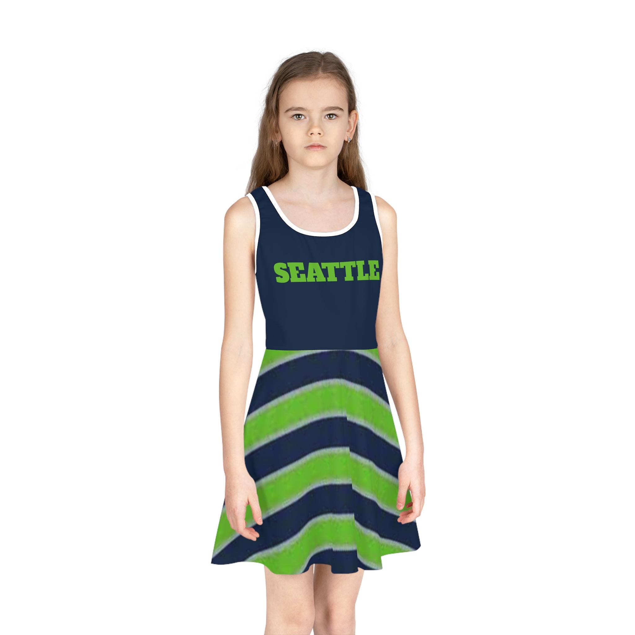 Discover Seattle Football Girls' Sundress, Blue and Green Striped, Girls' Clothing, Birthday and Christmas Gift