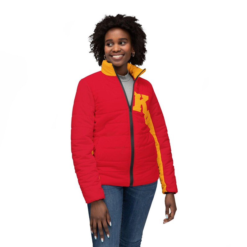 Red and yellow Women's puffer jacket, Women's coat, Women's jacket, vintage Kansas City jacket, gift for Kansas City fan, gift image 3
