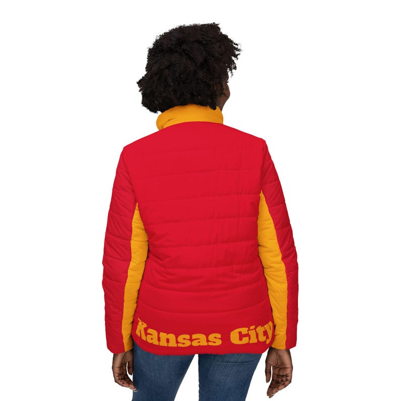 Red and yellow Women's puffer jacket, Women's coat, Women's jacket, vintage Kansas City jacket, gift for Kansas City fan, gift image 4