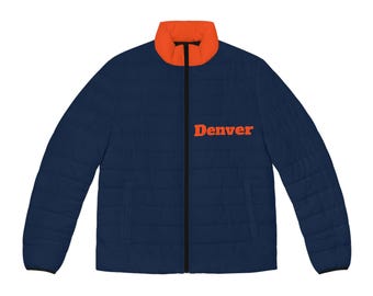 Blue and orange Men's Puffer Jacket, vintage football jacket, men's coat, warm coat, Denver themed jacket, gift for denver fan, gift