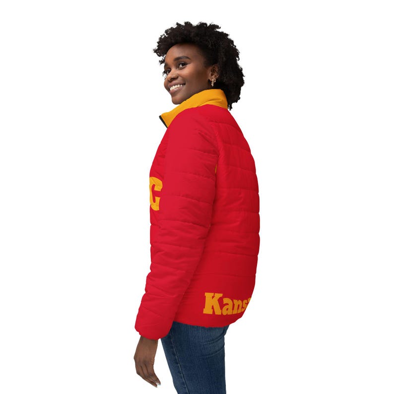Red and yellow Women's puffer jacket, Women's coat, Women's jacket, vintage Kansas City jacket, gift for Kansas City fan, gift image 5
