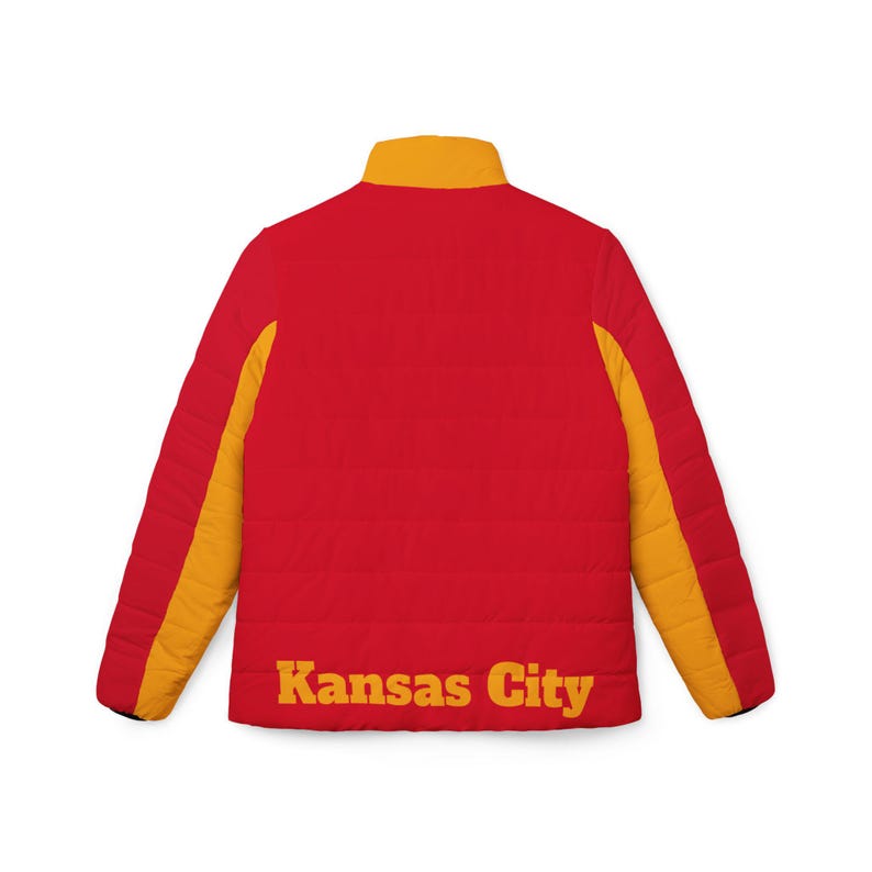 Red and yellow Women's puffer jacket, Women's coat, Women's jacket, vintage Kansas City jacket, gift for Kansas City fan, gift image 2