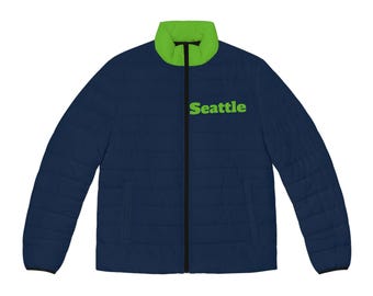 Blue and green Men's Puffer Jacket, men's coat , vintage seattle jacket,  football fan gift, fan coat, gift