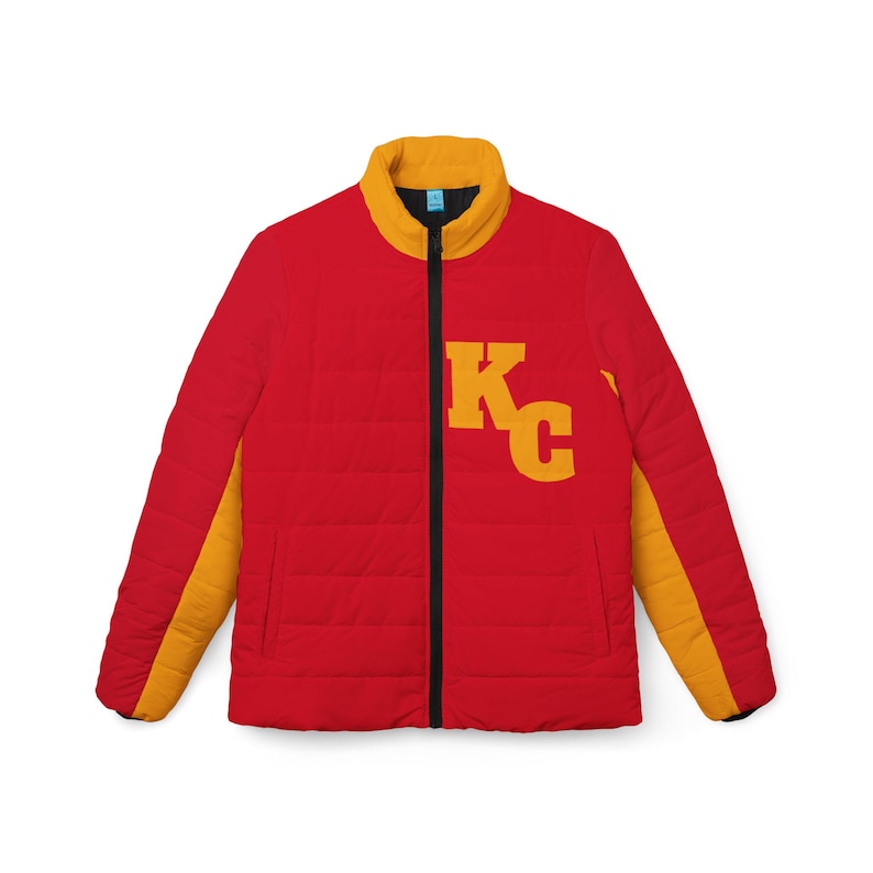 Red and yellow Women's puffer jacket, Women's coat, Women's jacket, vintage Kansas City jacket, gift for Kansas City fan, gift image 1