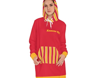 Rode en gouden dameshoodiejurk, Kansas City voetbalthema sweaterjurk, schattige hoodie, KC hoodie, Kansas City hoodie, cadeau
