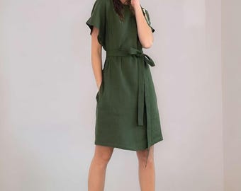 Linen Cotton Dress, Short Sleeve Summer Dress for Women, Simple Flared Fit Casual Outfit, Natural Everyday Clothing