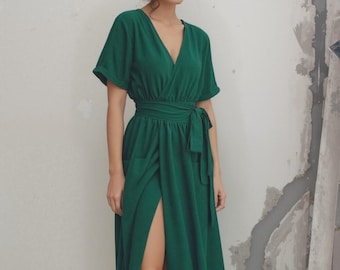 Forest Green wrap Midi Linen Dress With Belt And Pockets, Linen Cotton Blend Dress, Summer Dress, Elegant Linen Dress