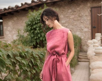 Pink Crimson Dress, Cotton Linen Dress, Back V Neck Linen Dress, Summer Beach Dress, Minimalist Outfit, Linen Fashion