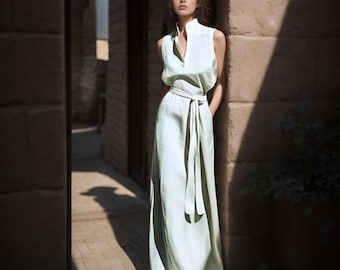Sleeveless Linen Maxi Dress, Collared V Neck Summer Dress with Pockets, Custom Plus Size Linen Clothing, Minimalist Outfit