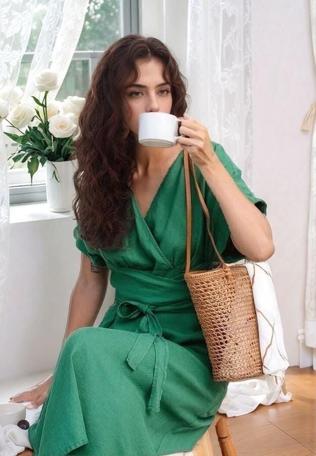 Linen Wrap Dress with Pockets, Short Sleeve Midi Dress, Boho Wedding Guest Outfit, Summer Linen Cotton Clothing