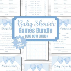 28 Baby Shower Games and Activities Templates, Blue Bow Baby Shower Bundle, Blue Coquette Baby Shower Games, Editable Templates
