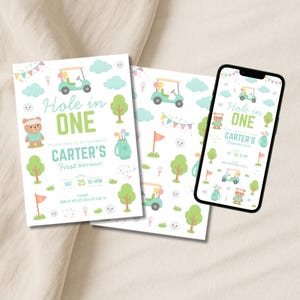 Hole in One Birthday Invitation, Golf First Birthday, 1st Birthday Party Template, Par-Tee Invite, Canva Template | Print and Mobile