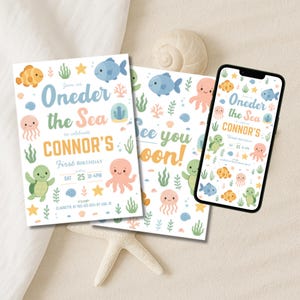 Oneder the Sea Birthday Invitation, Under the Sea Editable Canva Template, 1st Birthday Invite, Ocean Animals | Mobile & Print