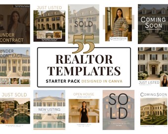 May include: A collection of 55 realtor templates, designed in Canva, with various real estate themes. The templates include "Under Contract", "Just Listed", "Sold", "Coming Soon", and "Open House" designs, featuring images of houses and people.