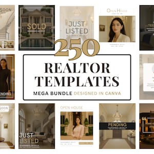 250 Real Estate Canva Templates | Instagram Post Kit for Realtors | Just Listed | Open House | Sold | Market Updates | Editable and Easy