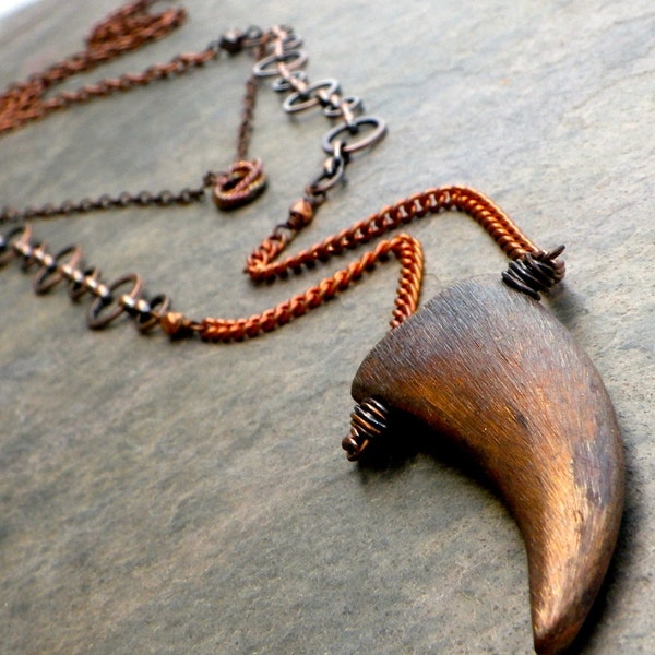 copper tusk pendant, long double layer necklace