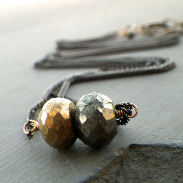 gold pyrite necklace, crystal necklace, layering pyrite necklace on mixed metal chain, boho jewelry