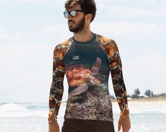 Rashguard homme tortue de mer verte, chemise à manches longues UPF, maillots de bain inspirés de l'océan, imprimé vie marine, vêtements de sport, cadeau pour amoureux de l'océan