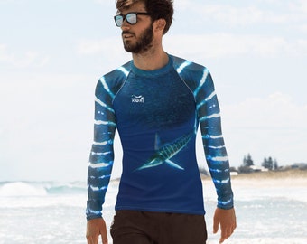 Rashguard homme en marlin rayé, chemise à manches longues UPF, maillots de bain inspirés de l'océan, imprimé sea life, vêtements de sport, chemise de pêche