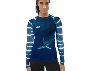 Gestreifter Marlin-Langarm-Rashguard für Damen, Ocean Sportswear-Oberteil, UPF 50+, Sonnenschutzshirt