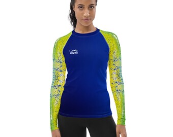 Mahi Mahi Rash Guard para mujer, camisa de manga larga UPF, traje de baño inspirado en el océano, estampado de vida marina, ropa deportiva, camisa de pesca