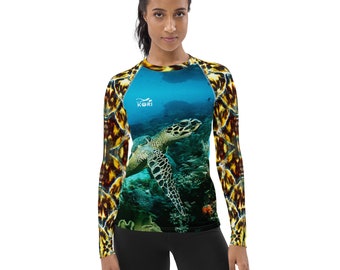 Hawksbill Sea Turtle Womens Rash Guard, Long-sleeve UV Shirt, Ocean Inspired Swimwear, Sun Protective, Sportswear, Sea Turtle Lover