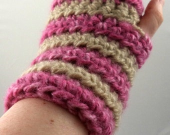 Pink and Tan Striped Crocheted Wrist Warmers (size S-M) (SWG-WW-SJ05)