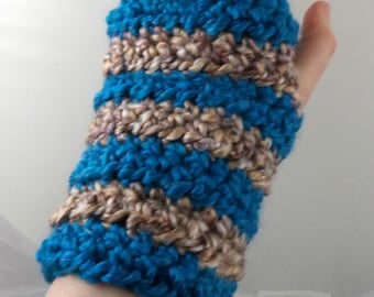 Aqua and Tan Striped Crocheted Wrist Warmers (size M-L) (SWG-WW-MH16)