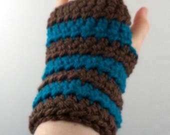 Dark Brown and Aqua Striped Crocheted Wrist Warmers (size S-M) (SWG-WW-SJ15)